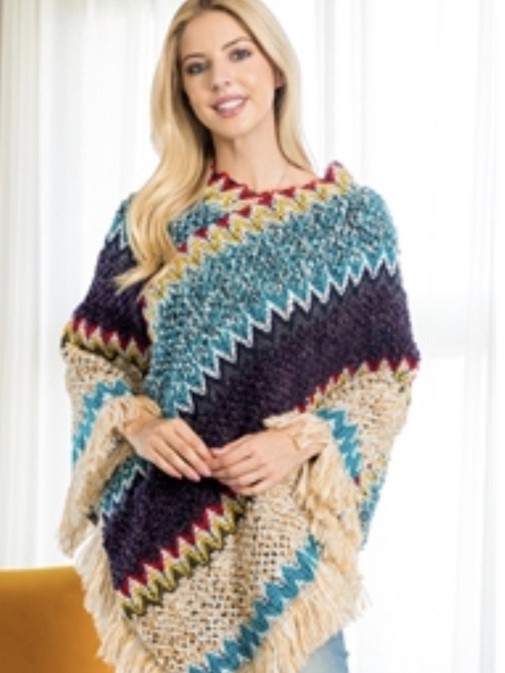 Women’s Multi-Color Fringe Knit Poncho Sweater